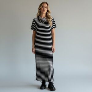 LulaRoe Maria Black Striped Pull On Stretch Knit Cap Sleeve Maxi Dress